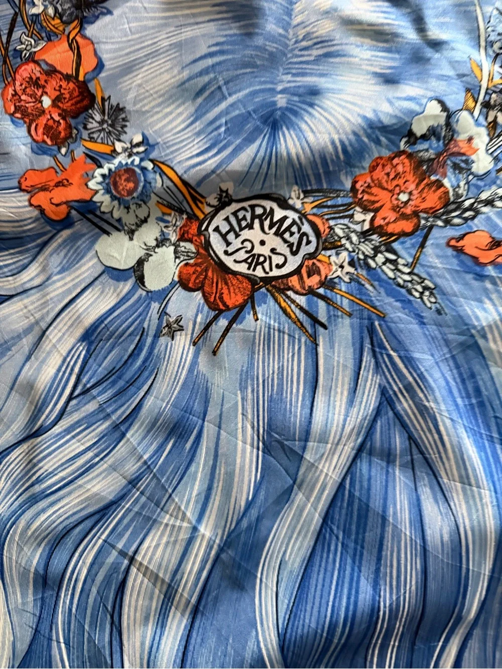 Hermès Eva Blue Floral Goddess Silk Scarf.